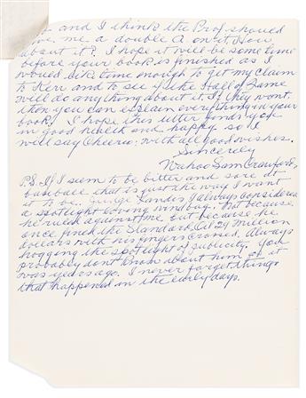 (SPORTS--BASEBALL.) Letters from Dead Ball Era legends Sam Crawford and Chief Meyers, to the author of "Glory of their Times."